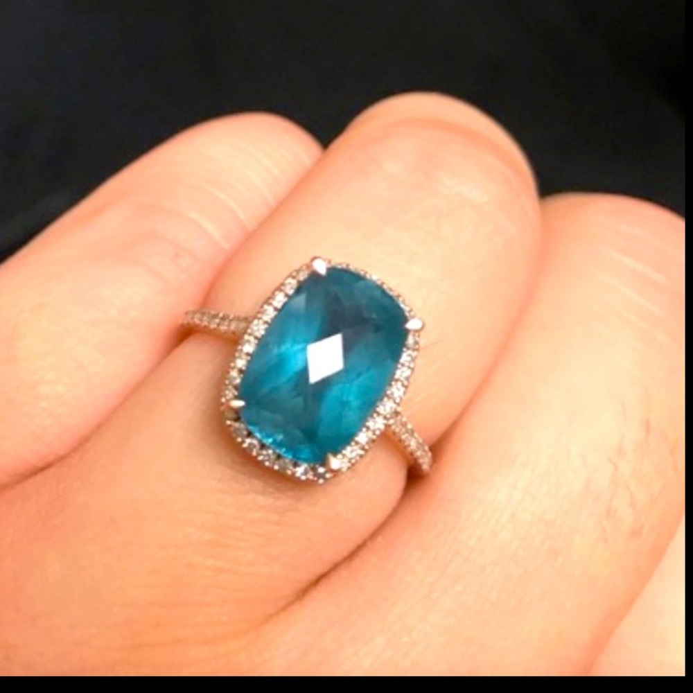 Amazing EFFY London Blue Topaz w/ Pave Diamond Halo Accents Ring Sparkle 4days